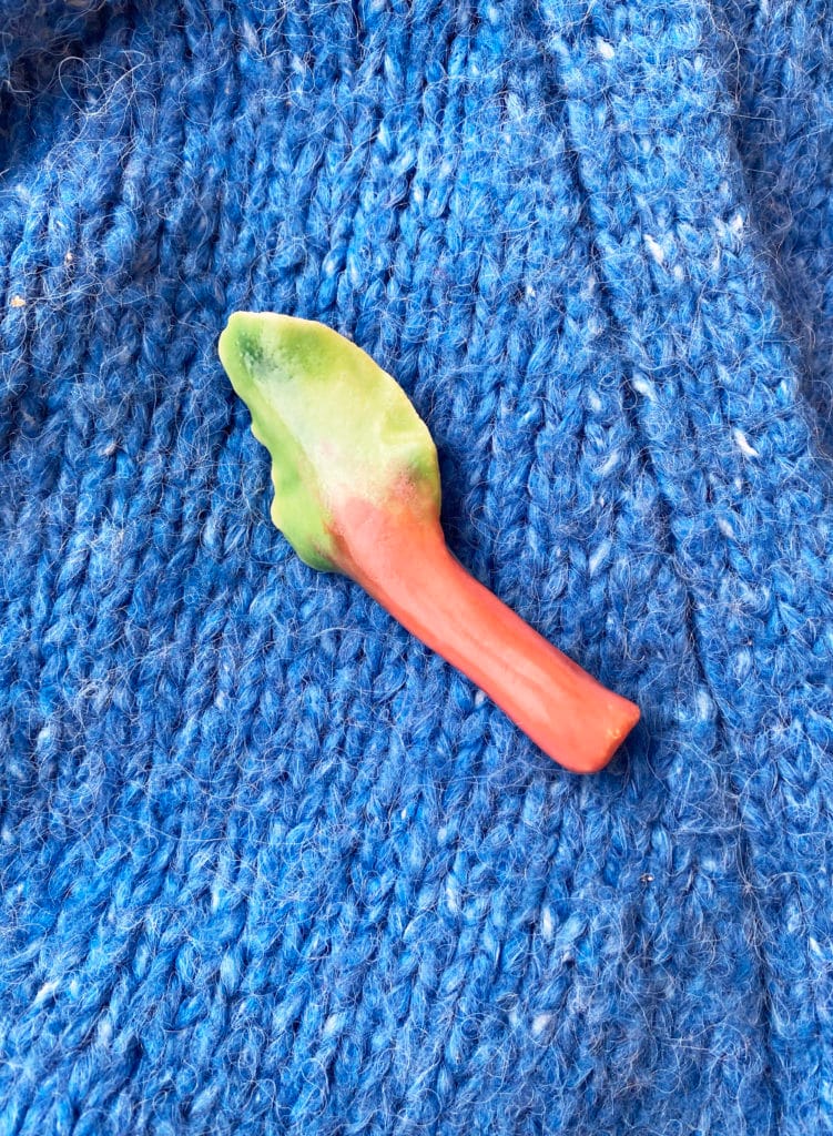 A small ceramic Rhubarb brooch